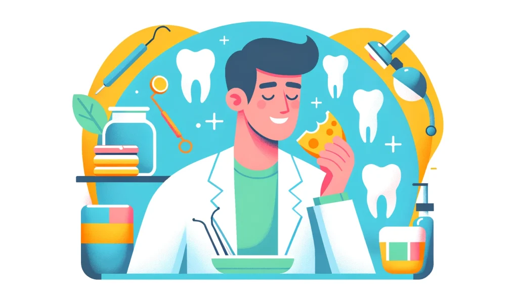 DALL·E 2024 02 09 13.15.30 Illustration of a dentist eating cheese shown in a flat simple vector style. The dentist is depicted in a relaxed setting possibly in an office or