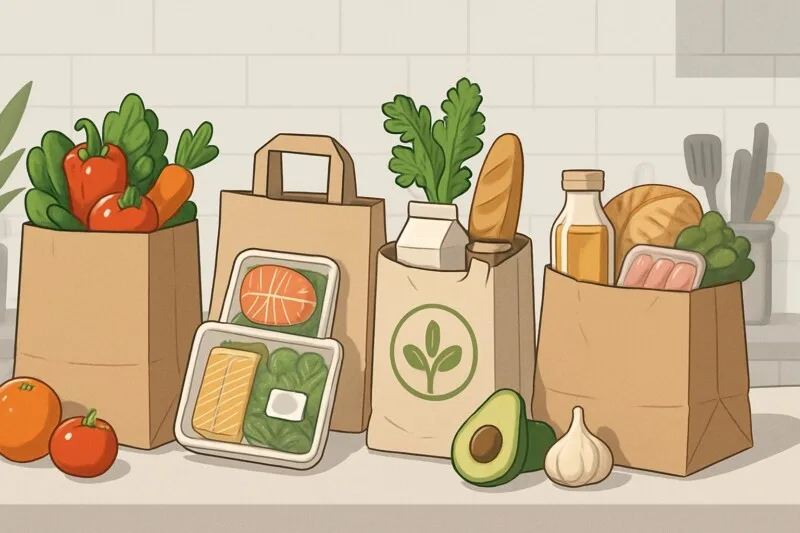 Olika matkassar med olika livsmedel på ett köksbord, som visar olika typer av matkassar för olika målgrupper.